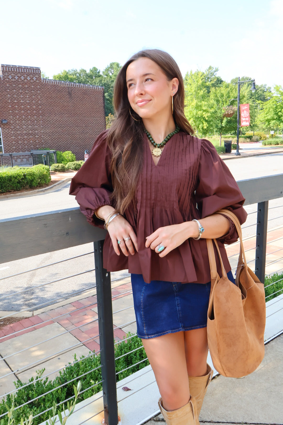 Brown Pleated Puff Sleeve Top