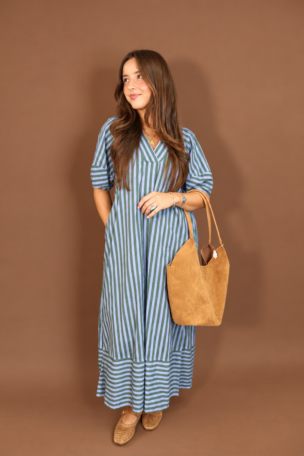 Blue Green Striped Midi Dress