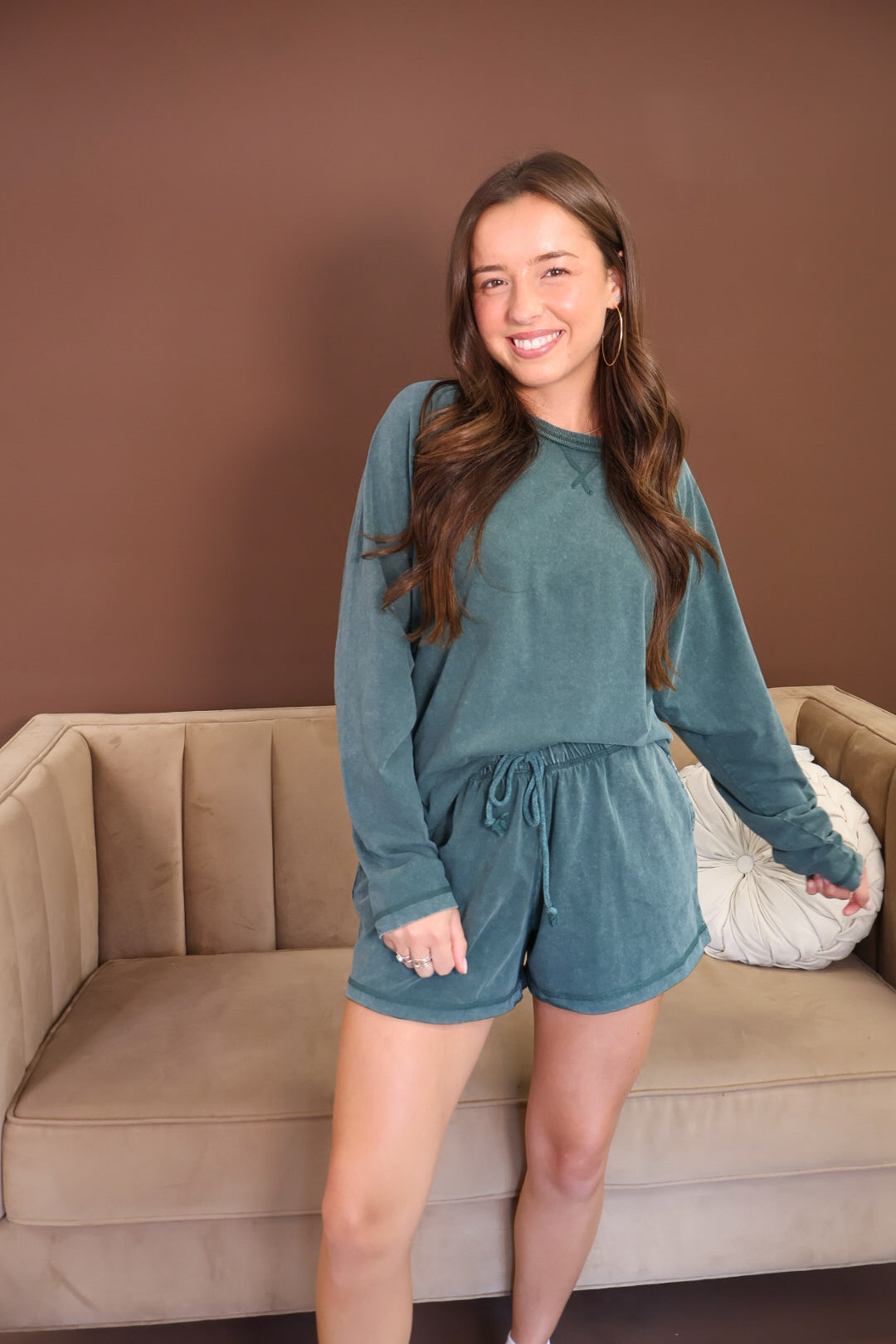 Washed Green Long Sleeve Top & Shorts Set