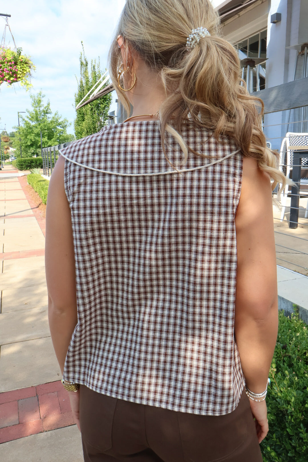 Brown Plaid Peter Pan Sleeveless Top