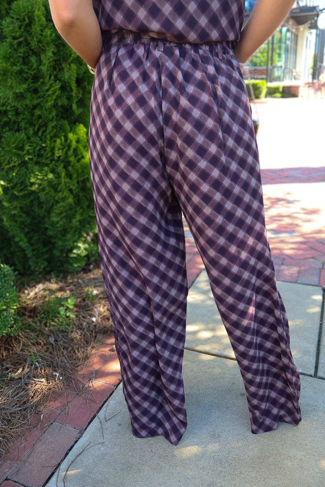 Plum Plaid Asymmetrical Top & Wide Leg Pants Set