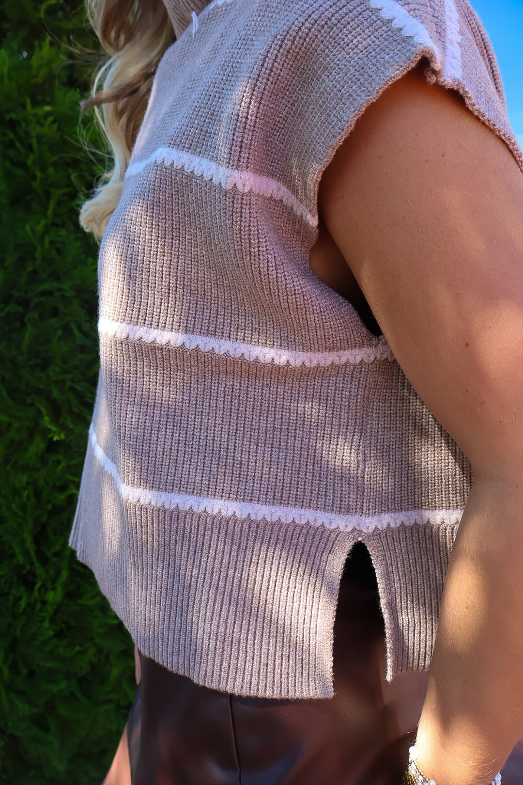 Taupe Striped Cap Sleeve Boxy Sweater