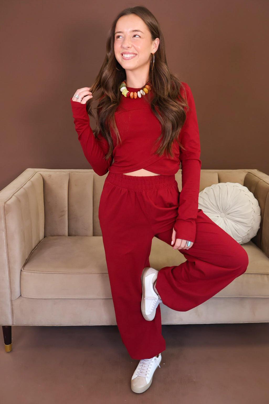 Burgundy Crossover Top & Jogger Pants Set