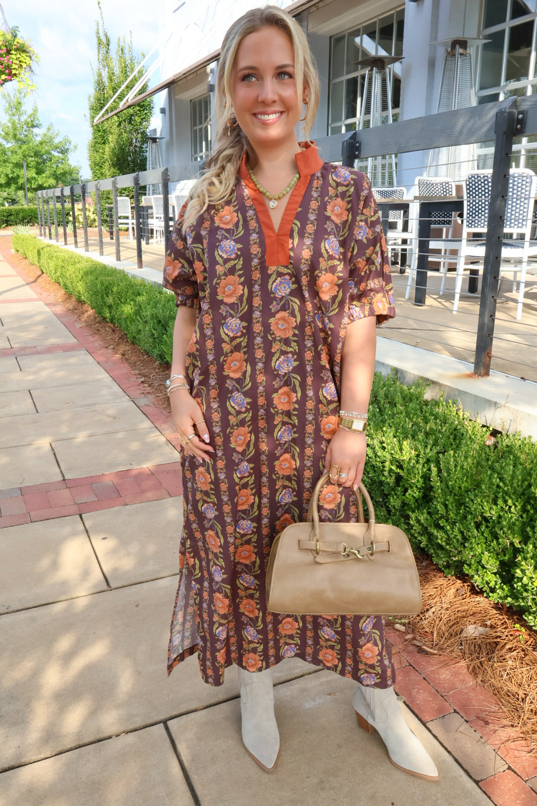 Brown & Orange Floral Midi Dress
