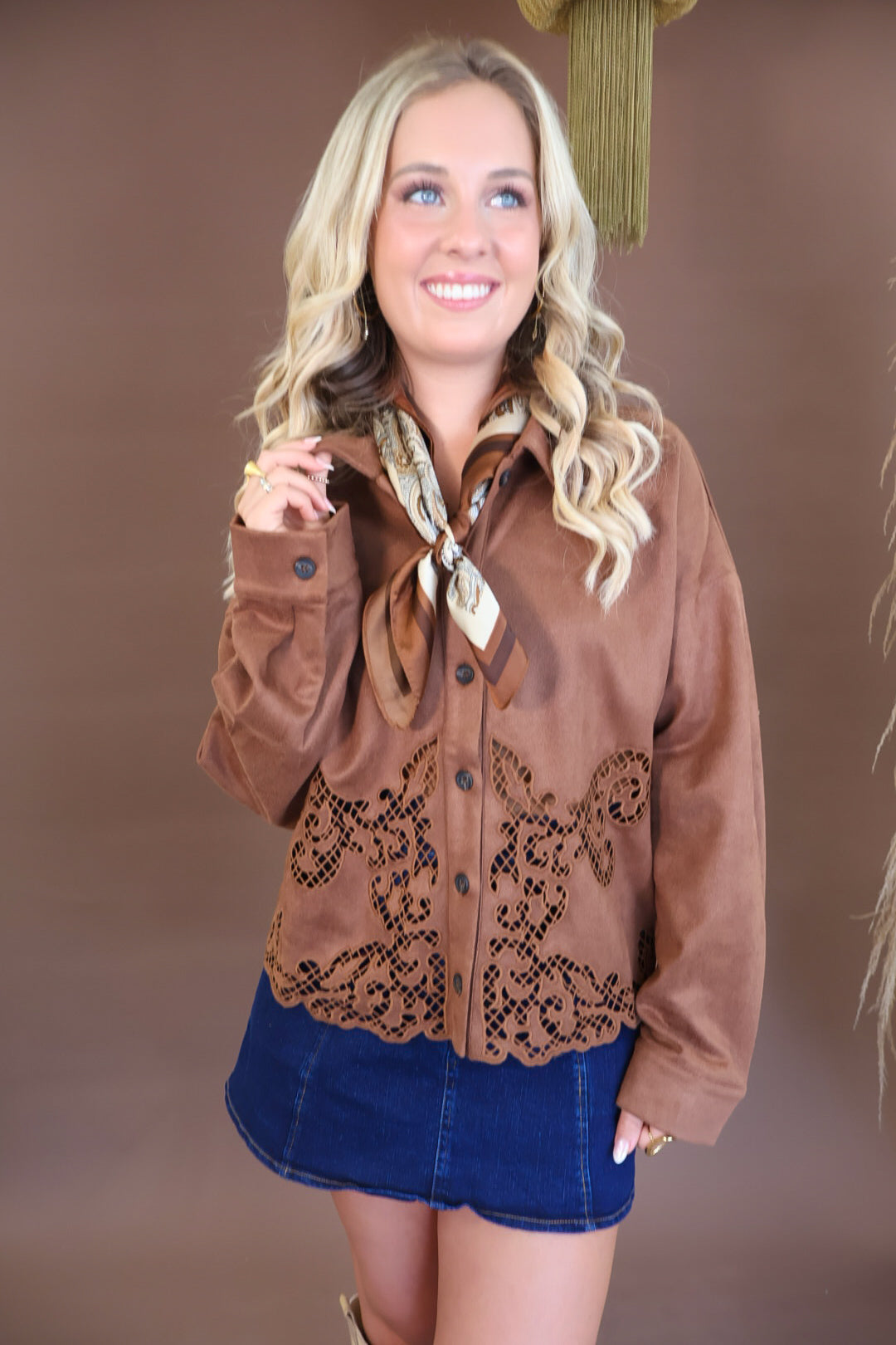 Chocolate Faux Suede Cutout Shirt Jacket