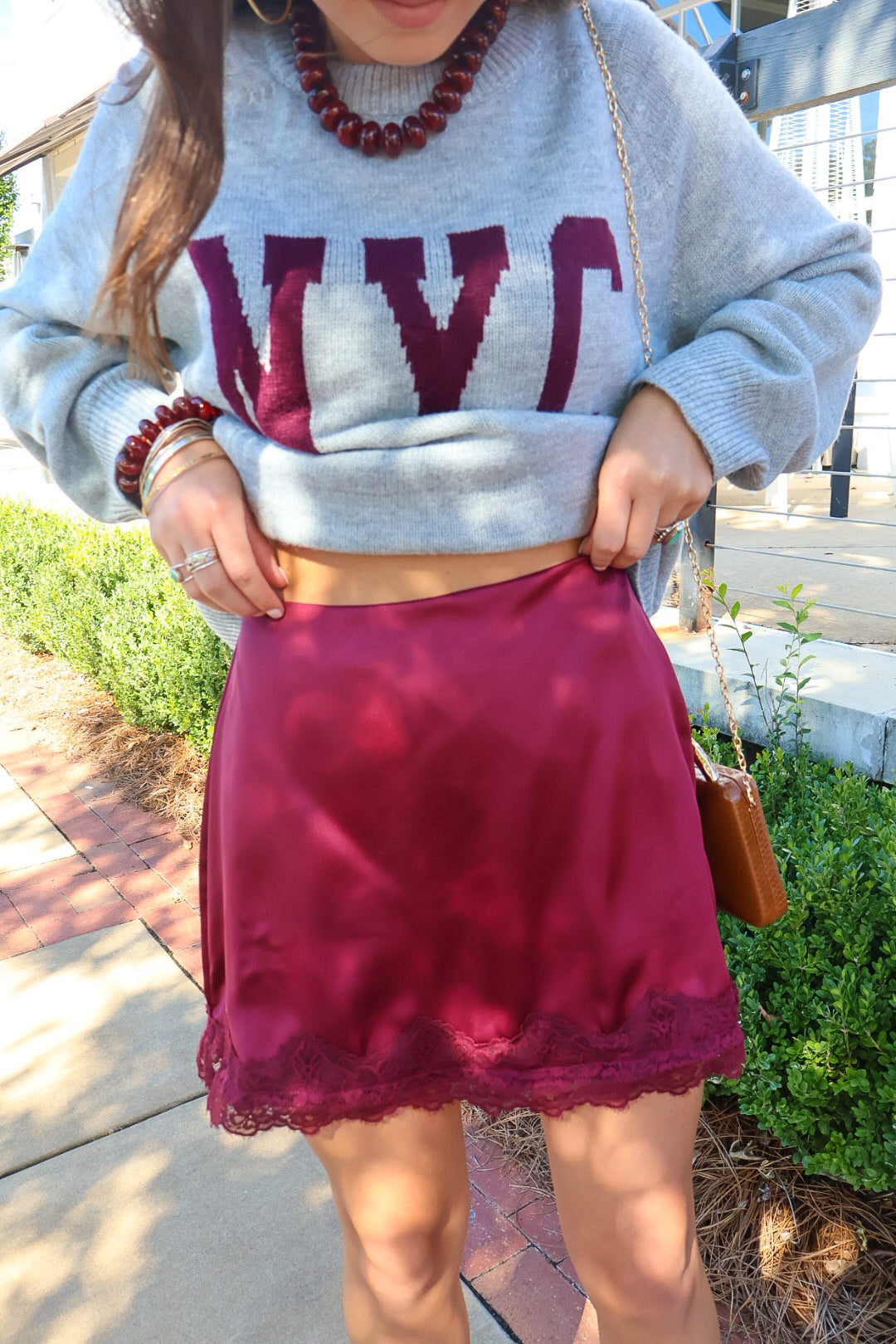 Wine Satin Lace Trim Mini Skirt With Built-In Shorts