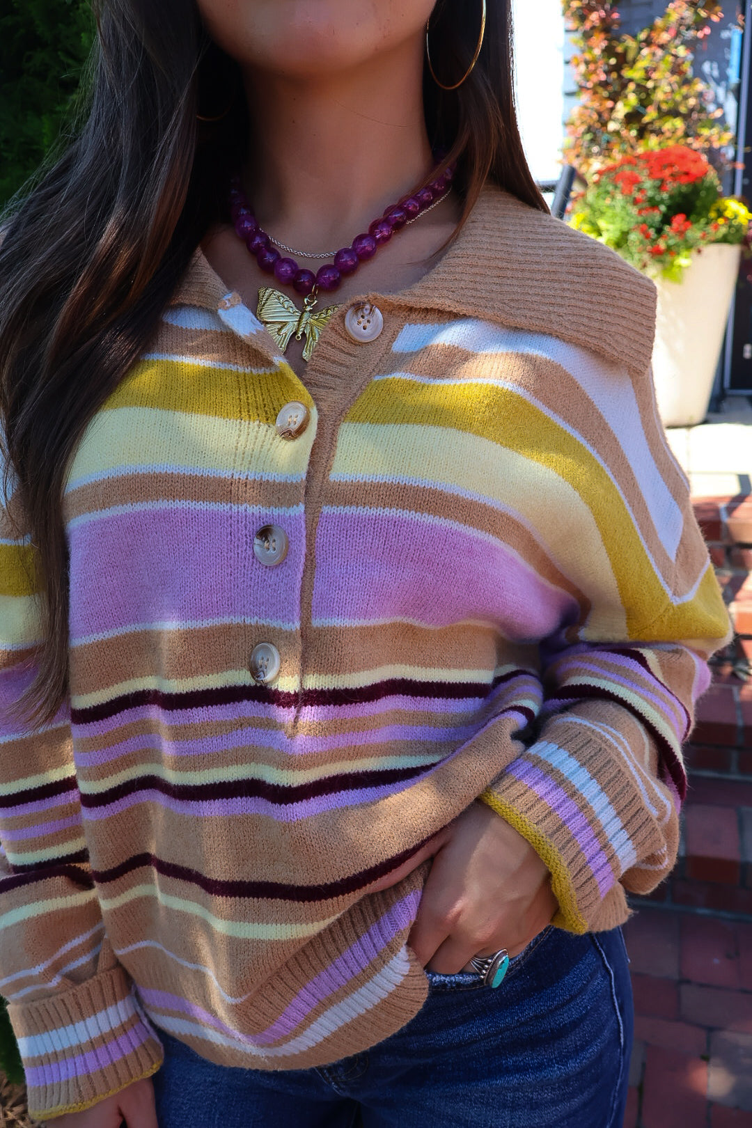 Multicolor Striped Henley Sweater
