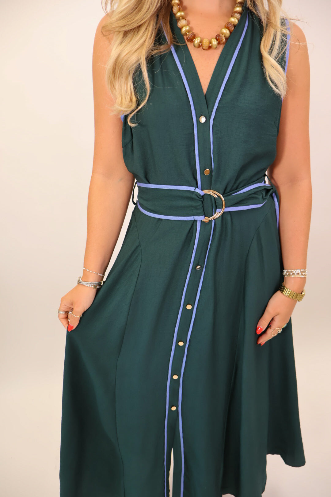 Green Contrast Trim Midi Dress