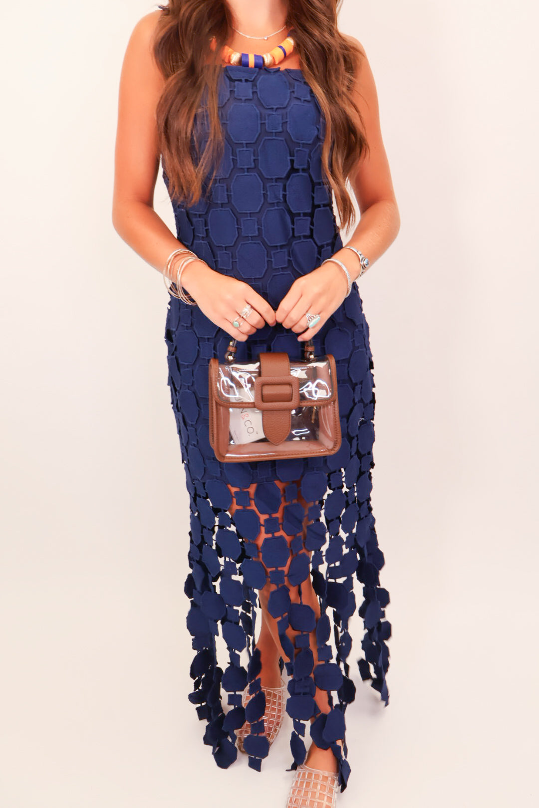 Navy Crochet Cutout Midi Dress