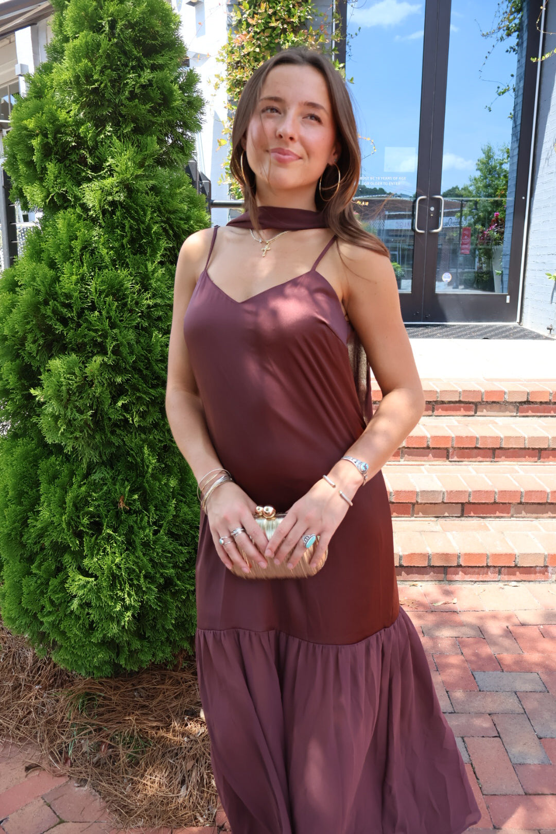 Chocolate Brown Satin Scarf Slip Maxi Dress