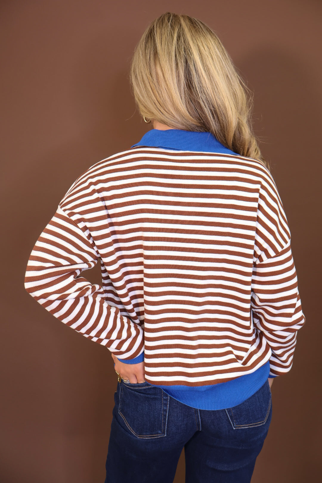 Brown & Cream Striped Quarter-Zip Sweater With Blue Trim