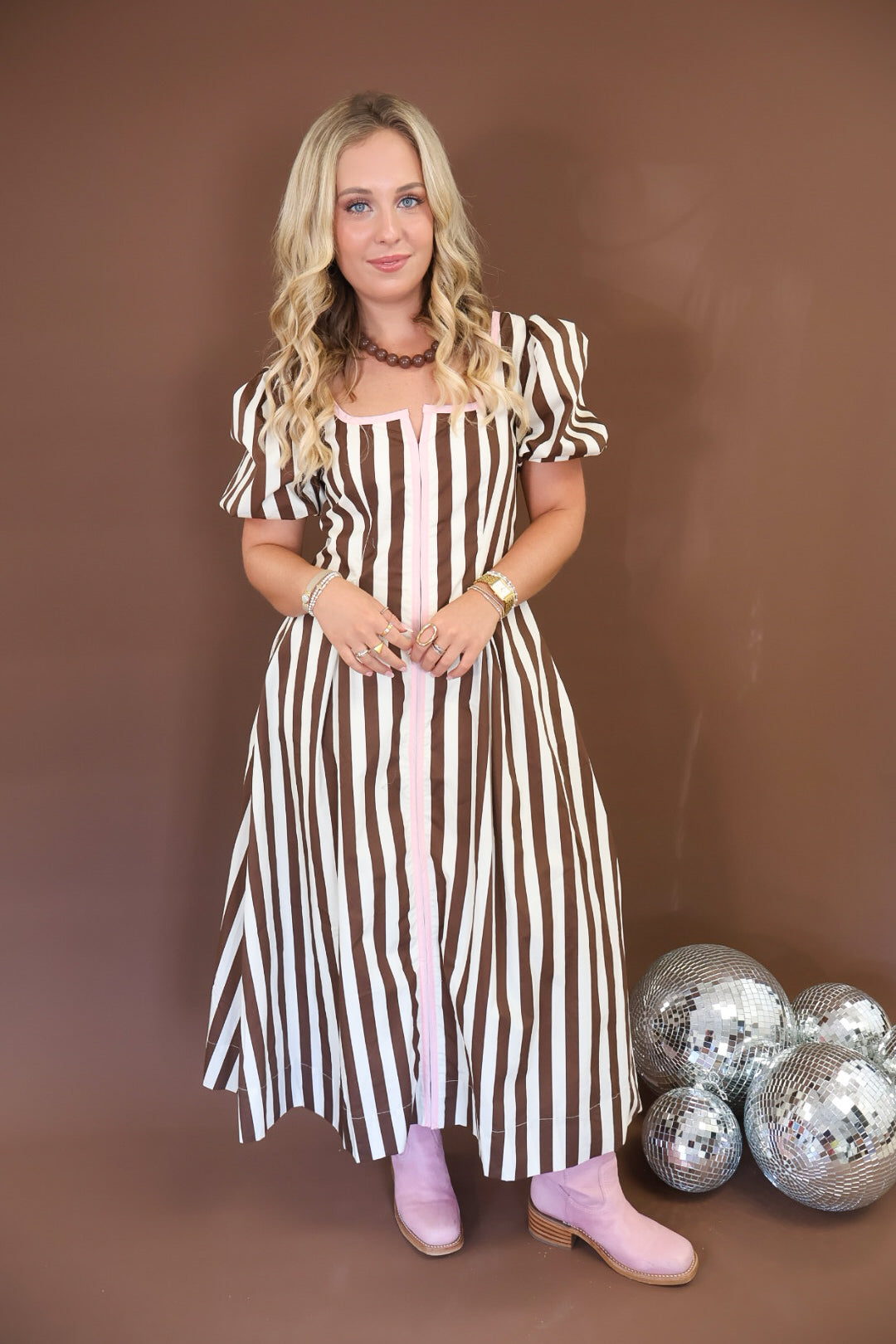 Brown & White Stripe Maxi Dress with Pink Trim