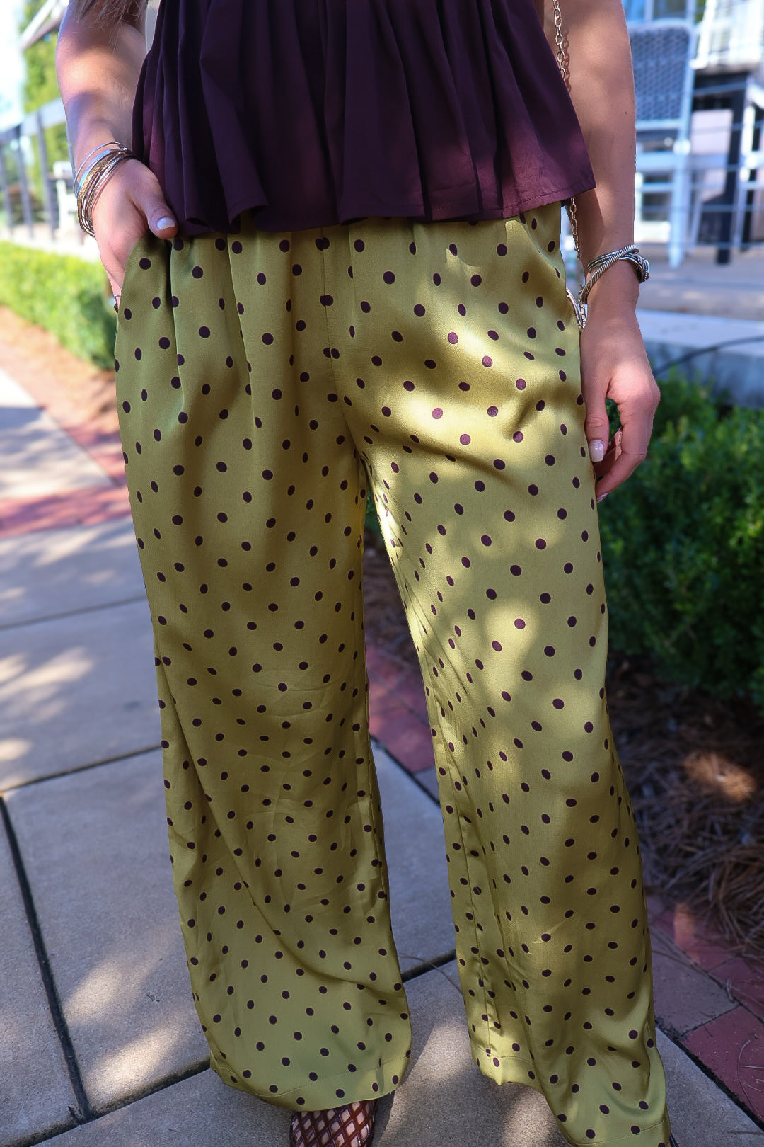 **PRE-ORDER 11/5!** Brown & Green Polka Dot Satin Wide Leg Pants