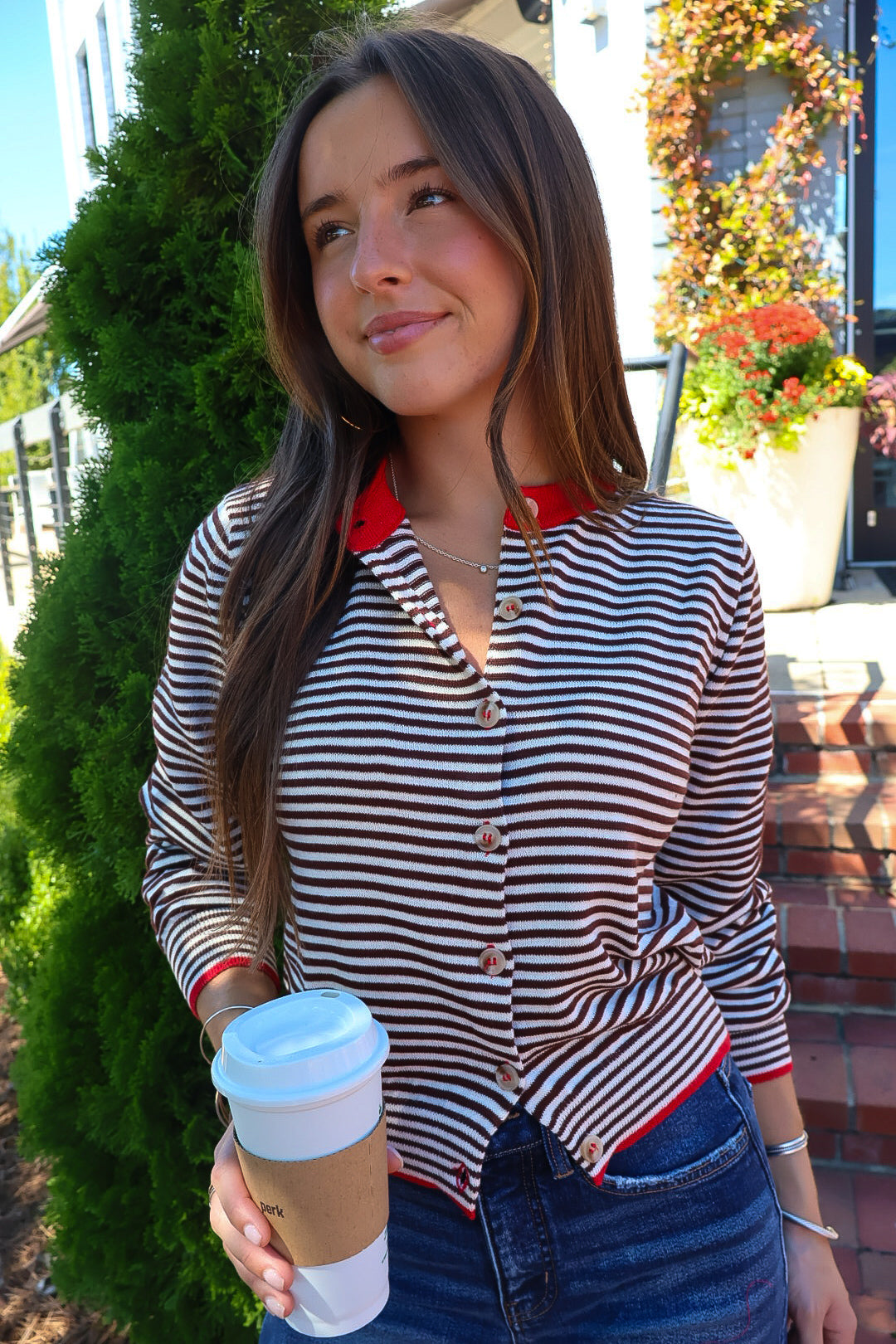 Brown Striped Cardigan With Red Trim