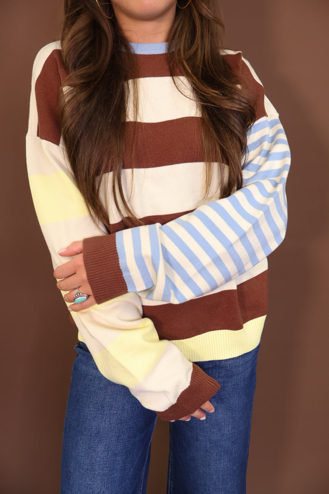 Brown & Cream Mixed Stripe Lightweight Sweater
