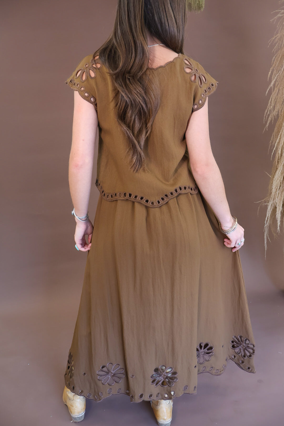 Chocolate Eyelet Cutout Boxy Top & Skirt Set