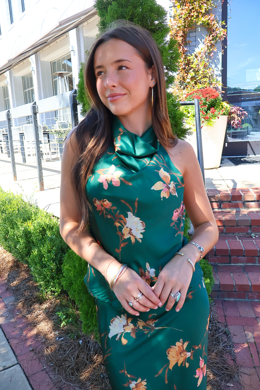 Green Floral Satin Halter Top & Midi Skirt Set