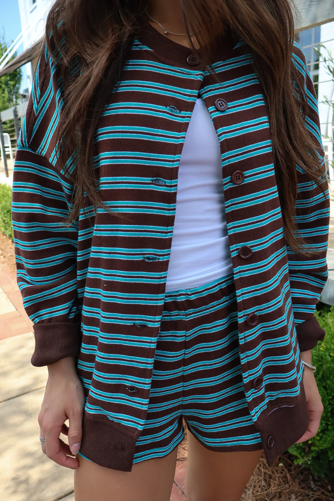 Brown & Teal Stripe Cardigan Shorts Set