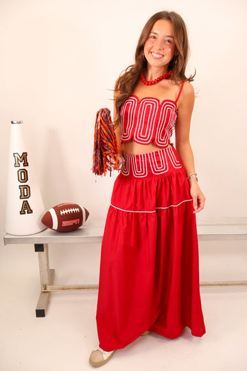 Crimson and White Trimmed Crop Top & Midi Skirt
