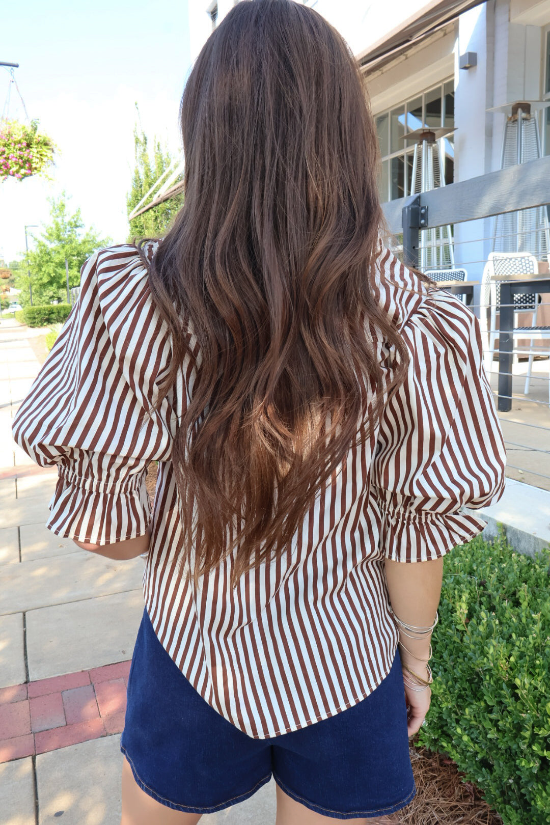 Brown & White Stripe Puff Sleeve Top