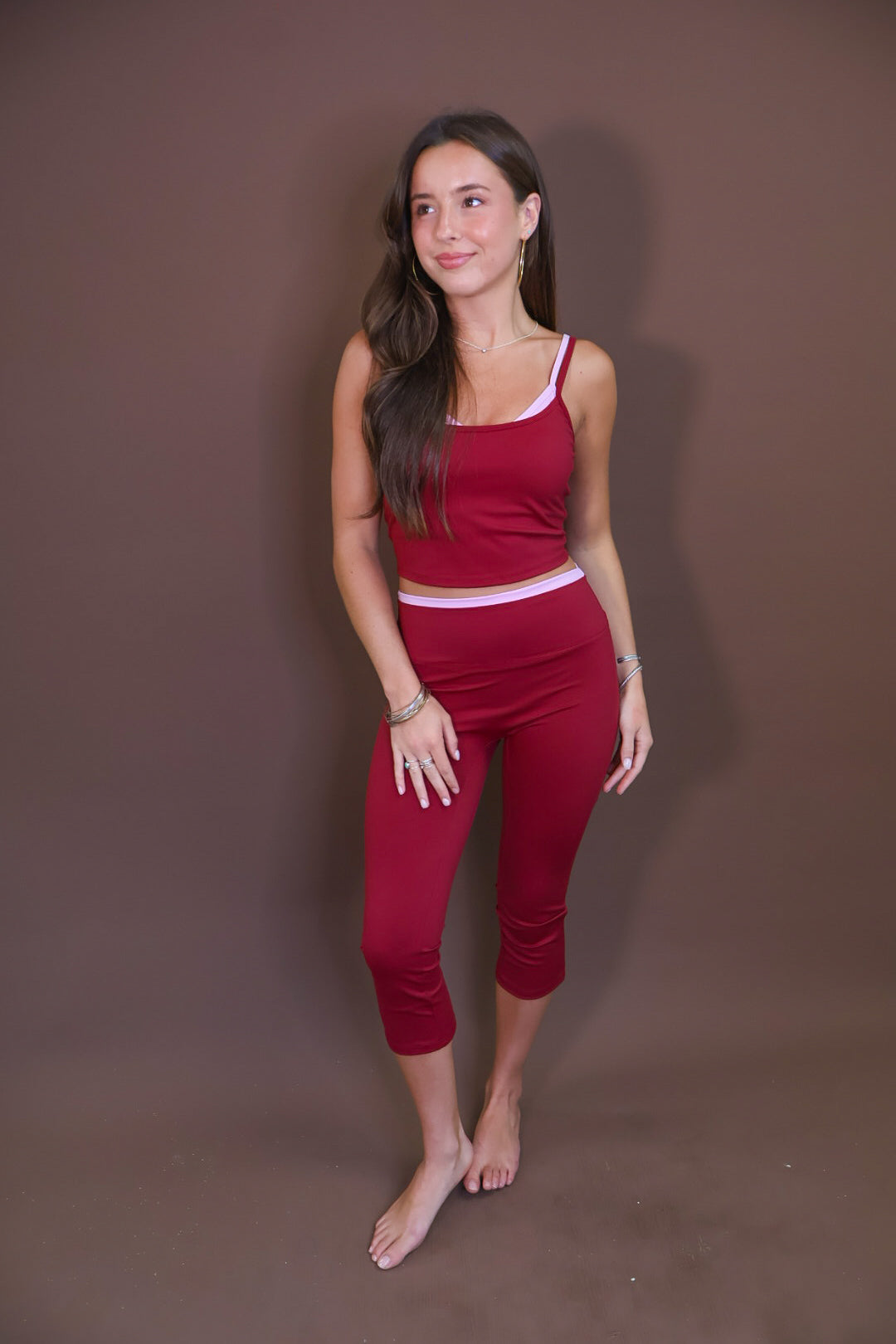 Burgundy & Pink Layered Tank & Cropped Pants Set