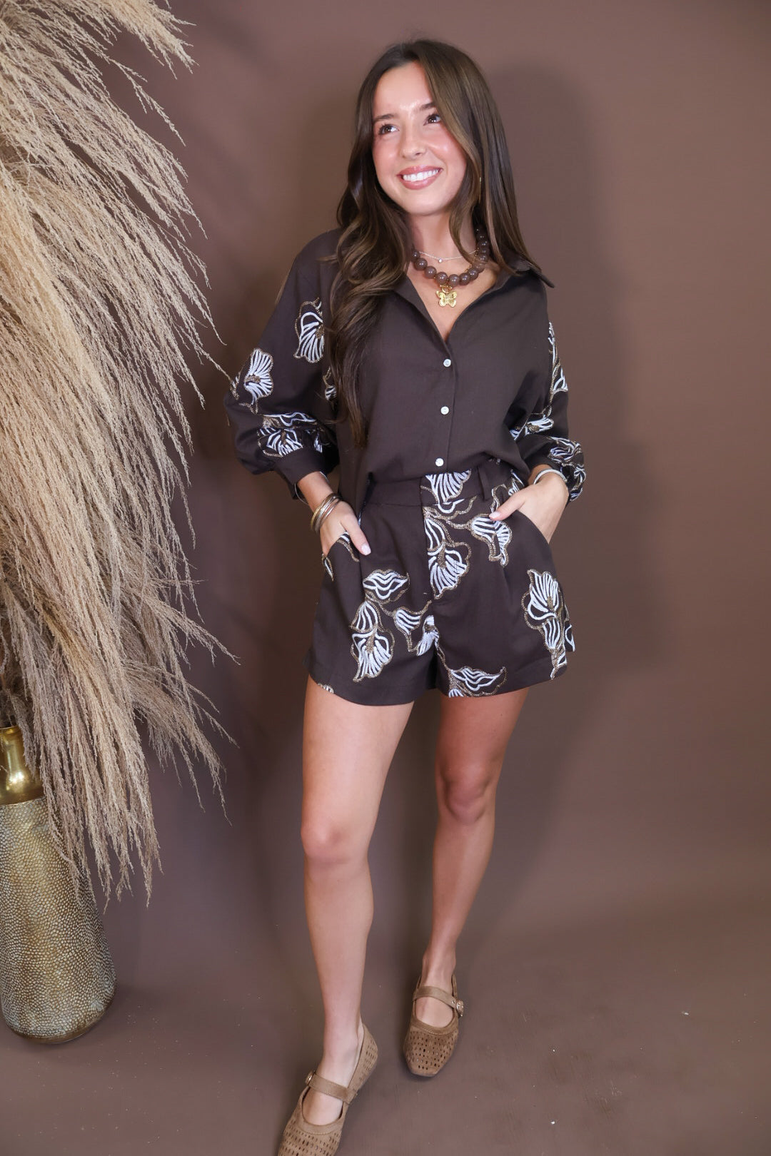 Brown Embroidered Short Set