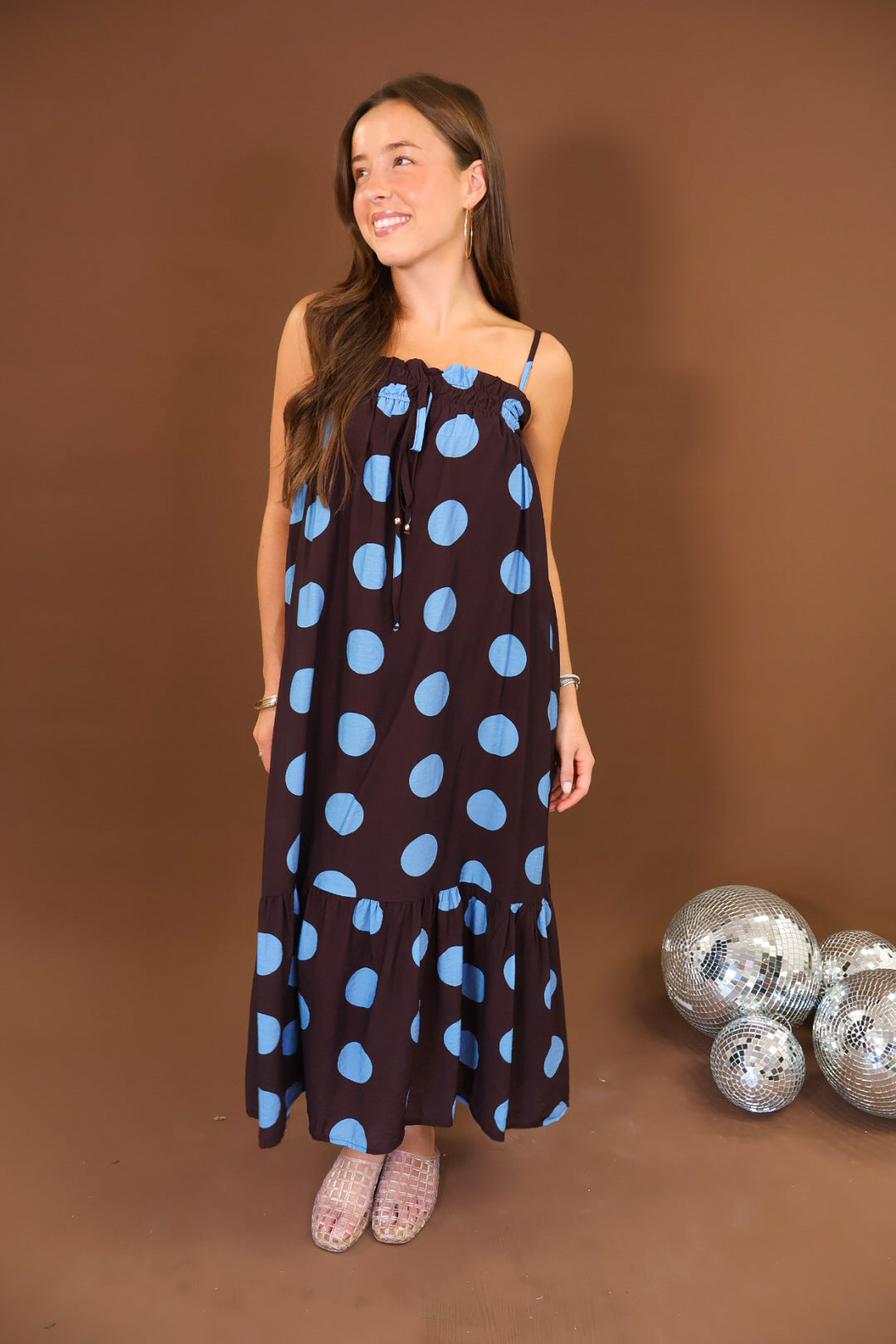Brown & Blue Polka Dot Maxi Dress