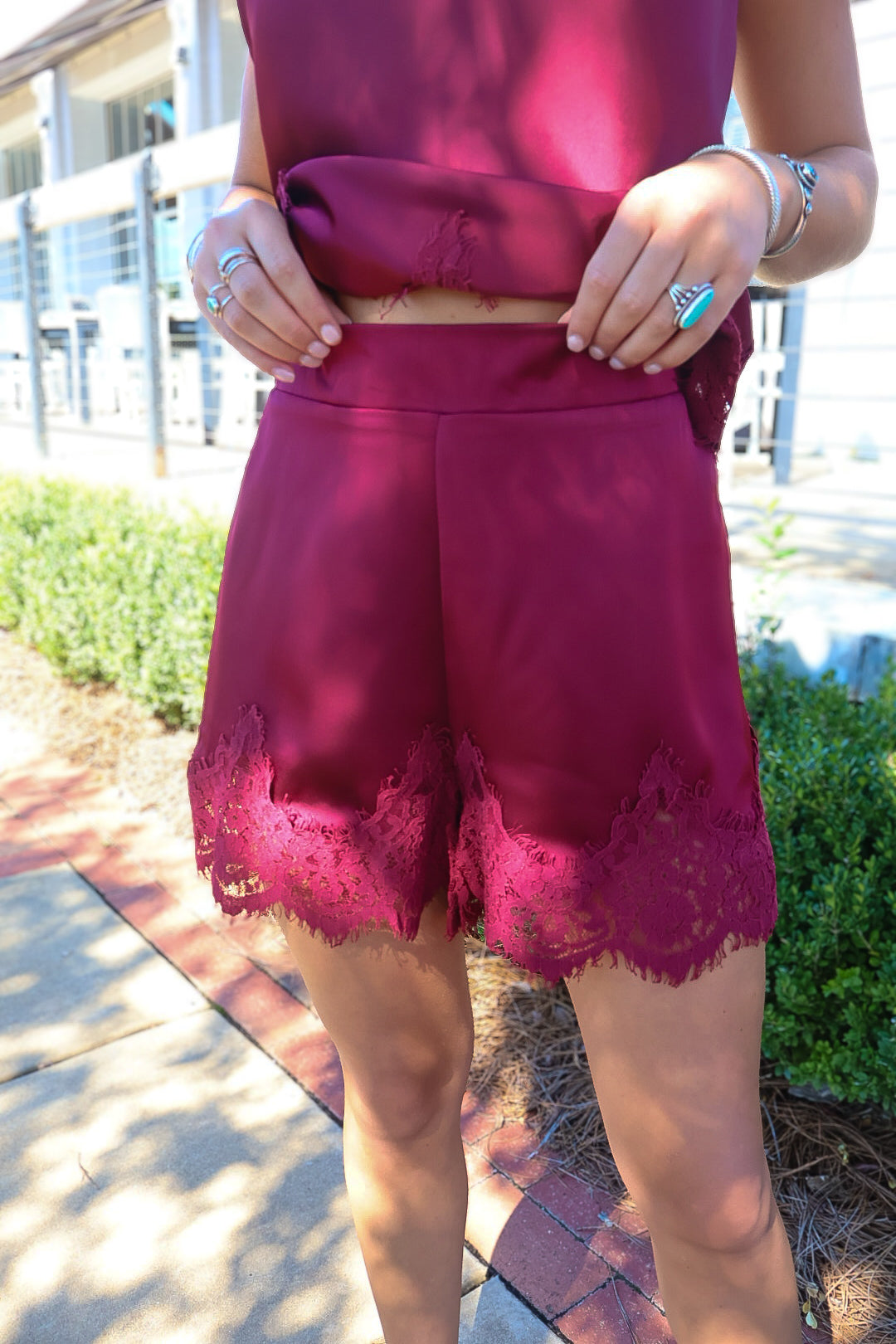 Burgundy Satin Low Back Halter & Lace Trim Shorts Set