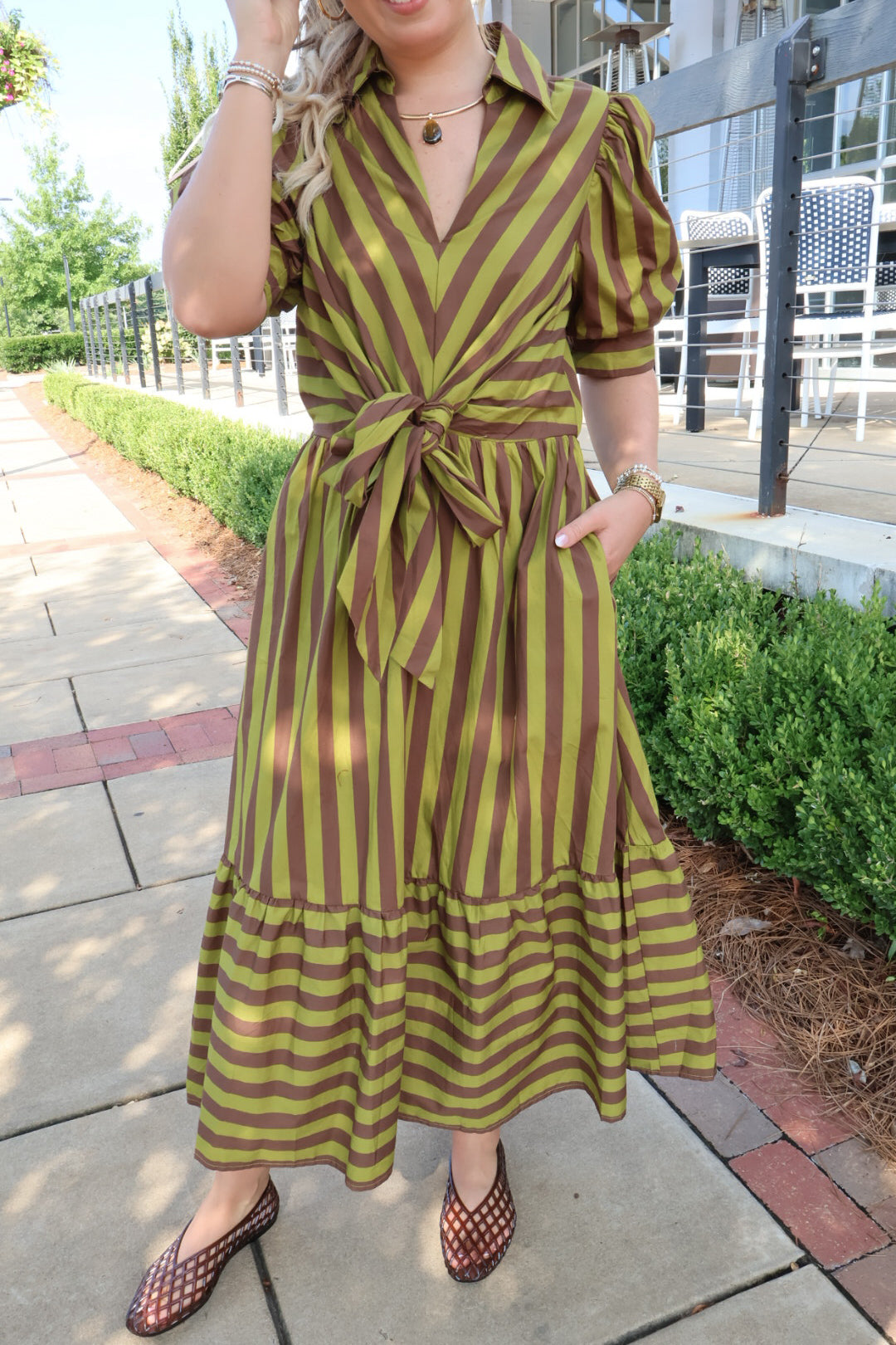 Martini Olive Stripe Puff Sleeve Dress