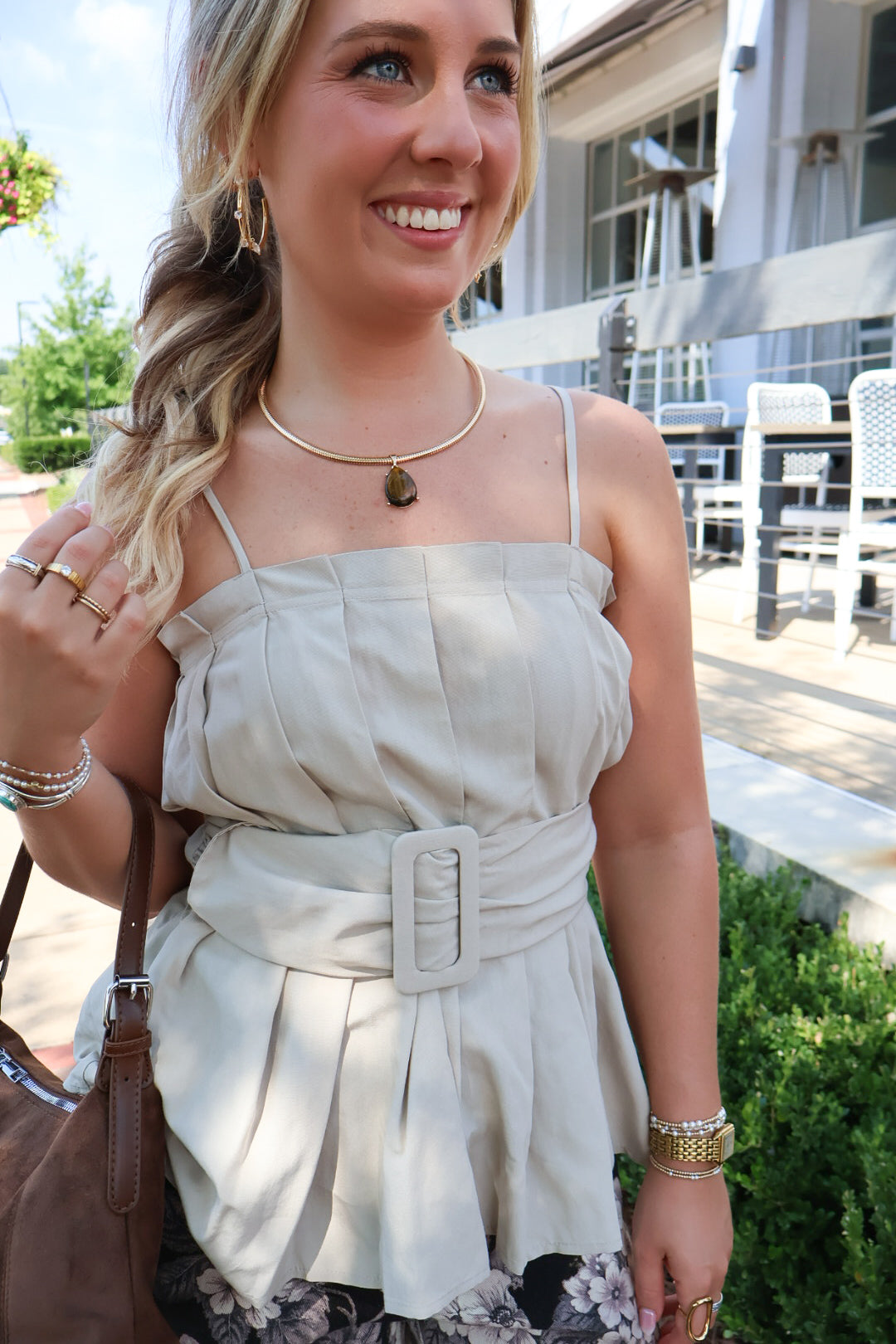 Tan Buckle Front Pleated Sleeveless Top
