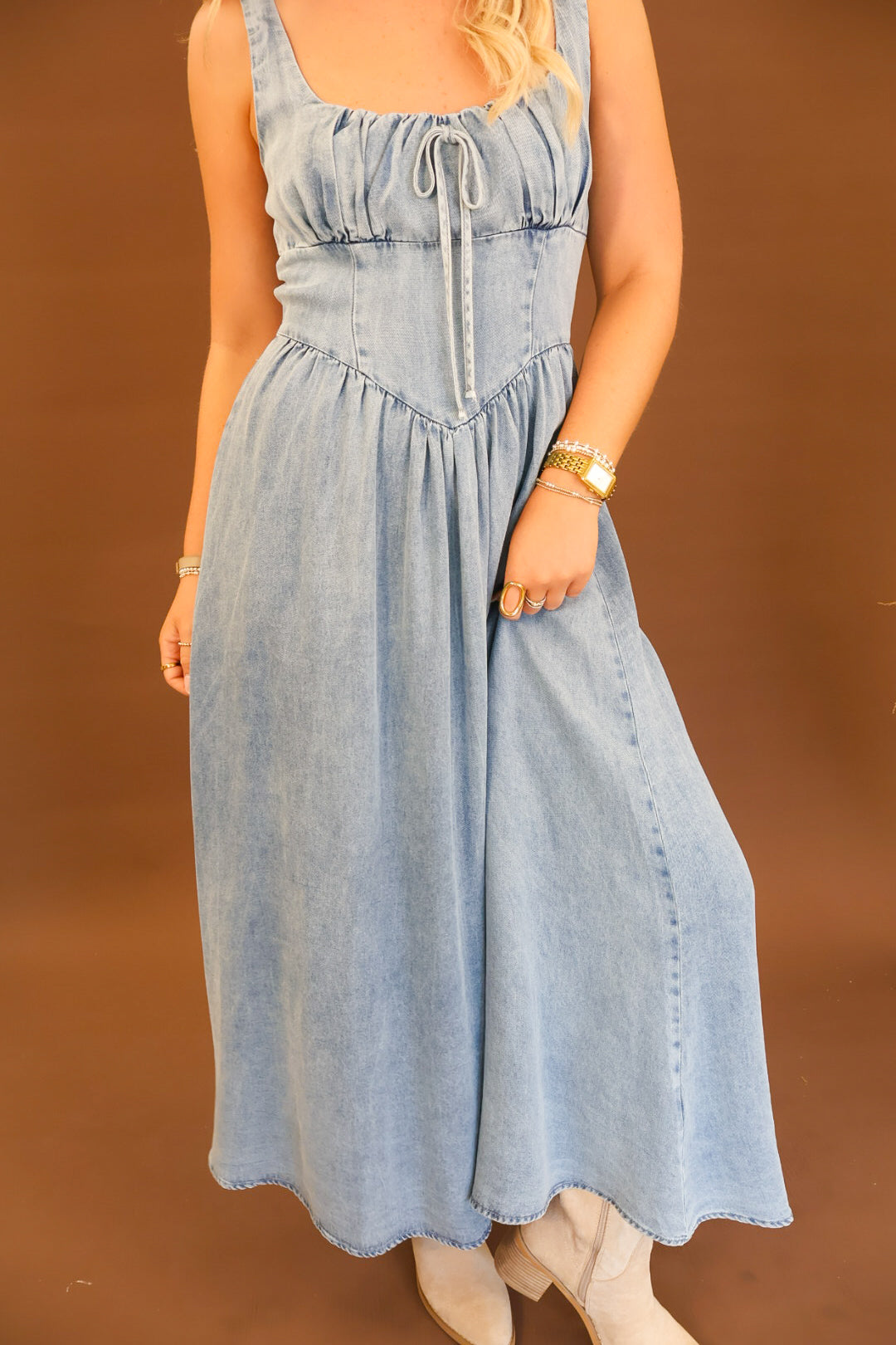 Chambray Corset Detail Midi Dress