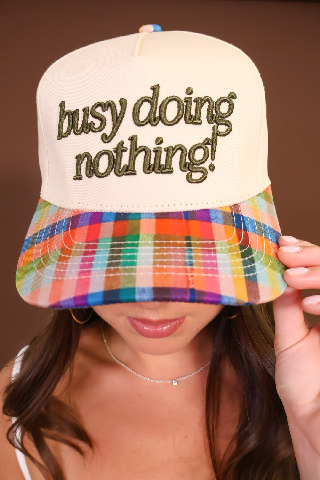 Busy Doing Nothing! Plaid Brim Trucker Hat