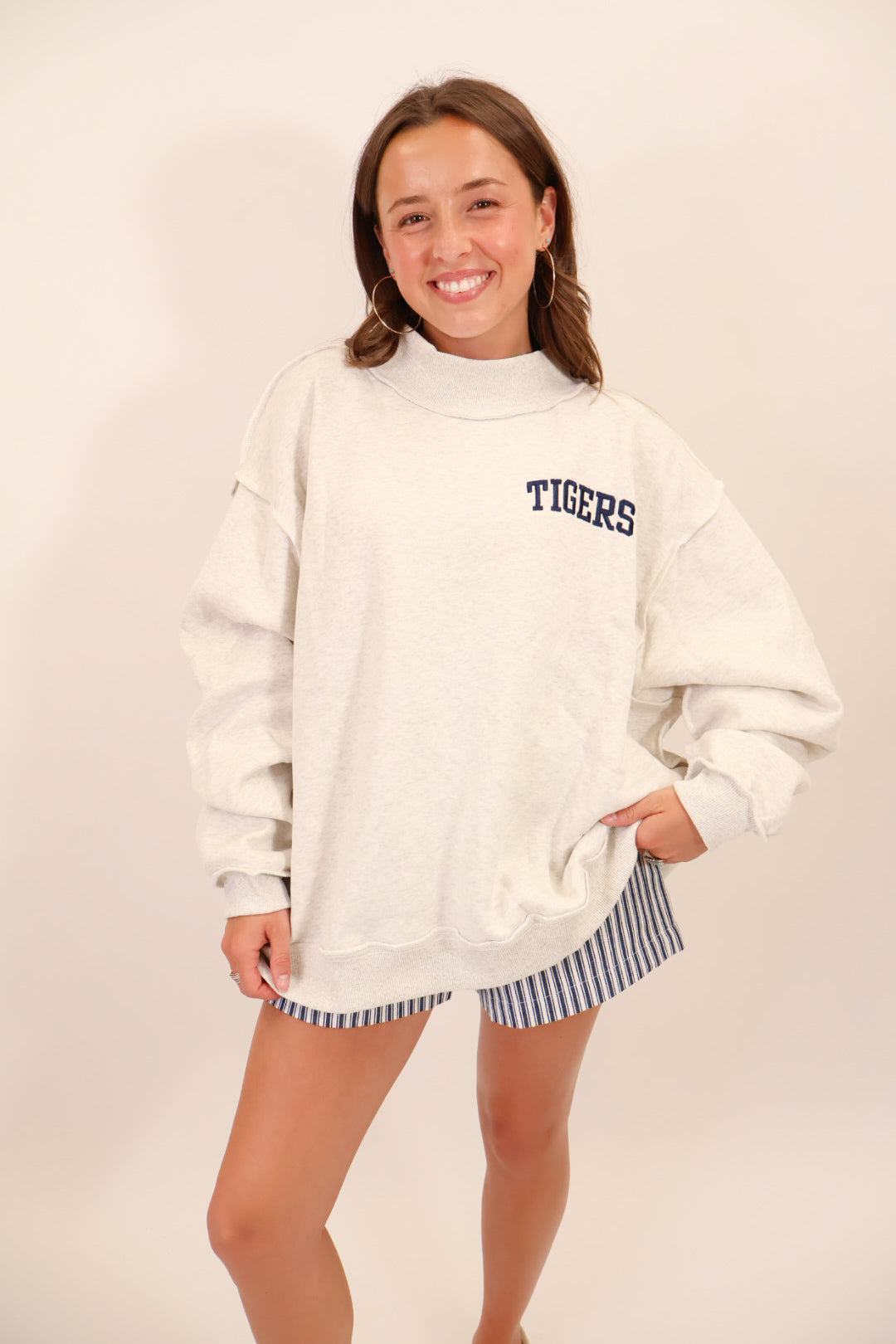 Navy Striped Drawstring Twill Shorts