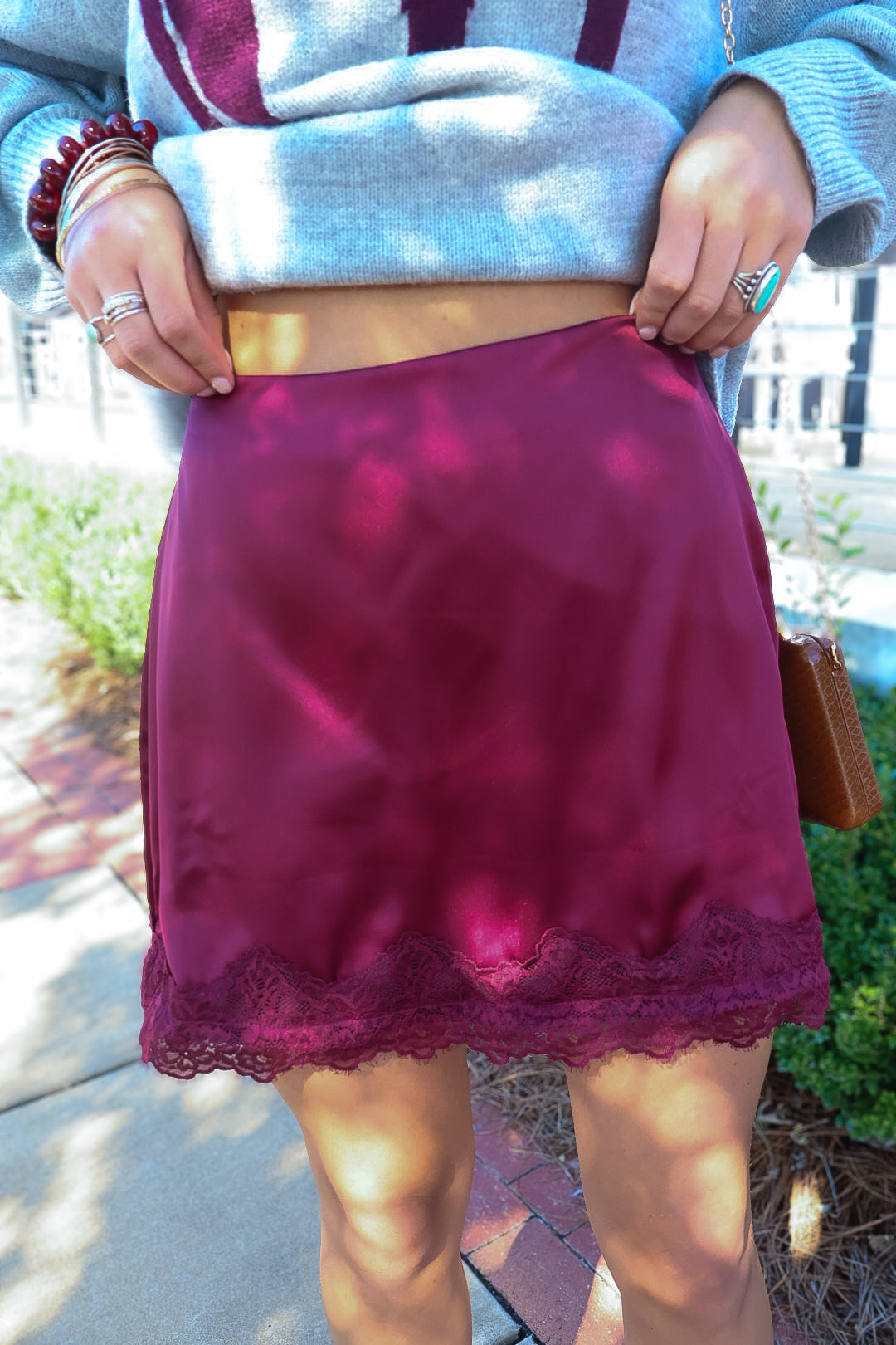 Wine Satin Lace Trim Mini Skirt With Built-In Shorts