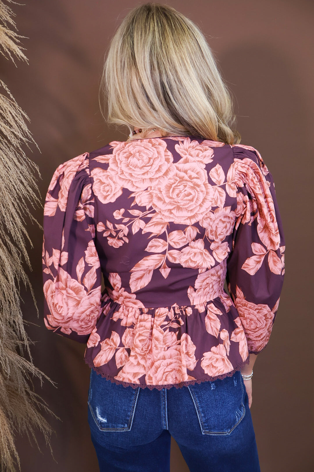 Wine Pink Floral V Neck Top