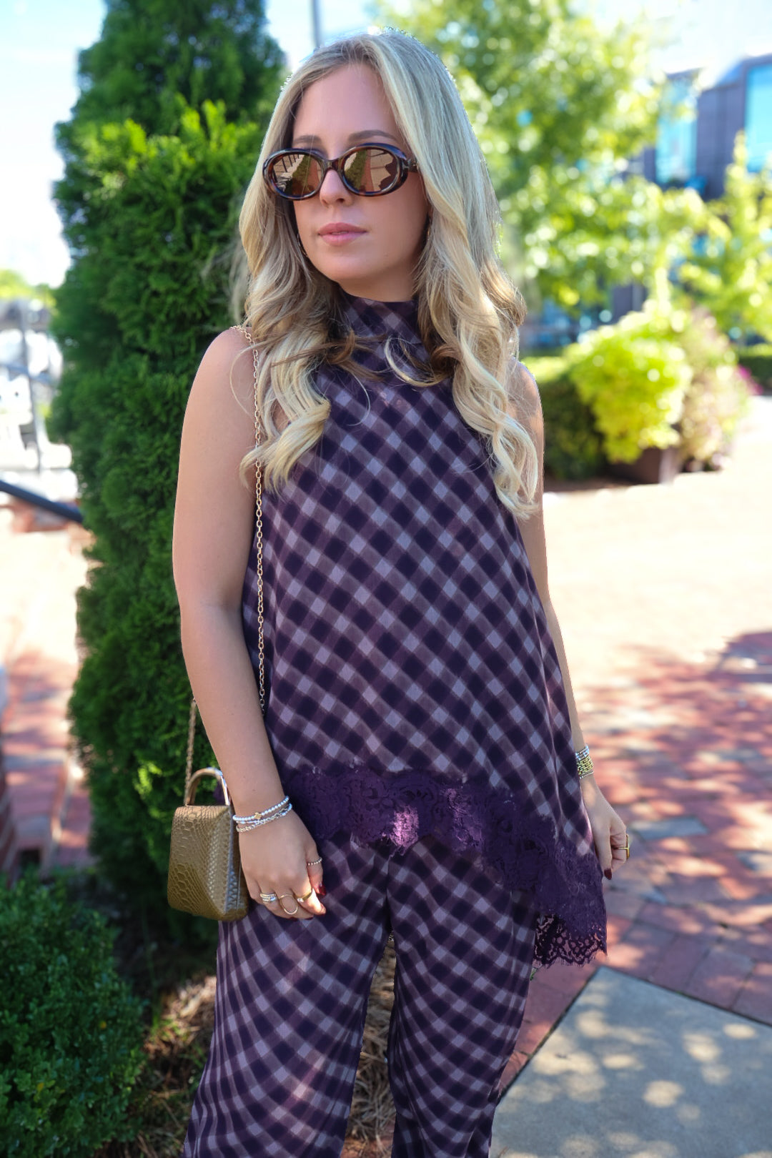 Plum Plaid Asymmetrical Top & Wide Leg Pants Set