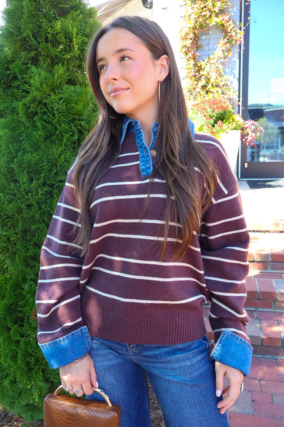 Striped Sweater With Denim Collar & Cuffs
