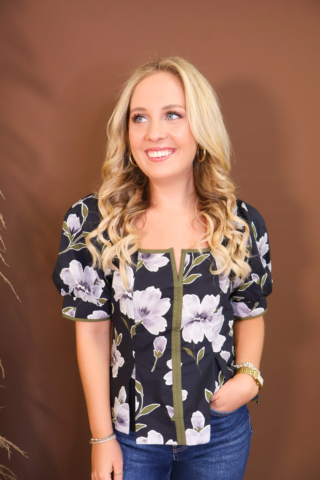 Black Floral Puff Sleeve Fitted Top