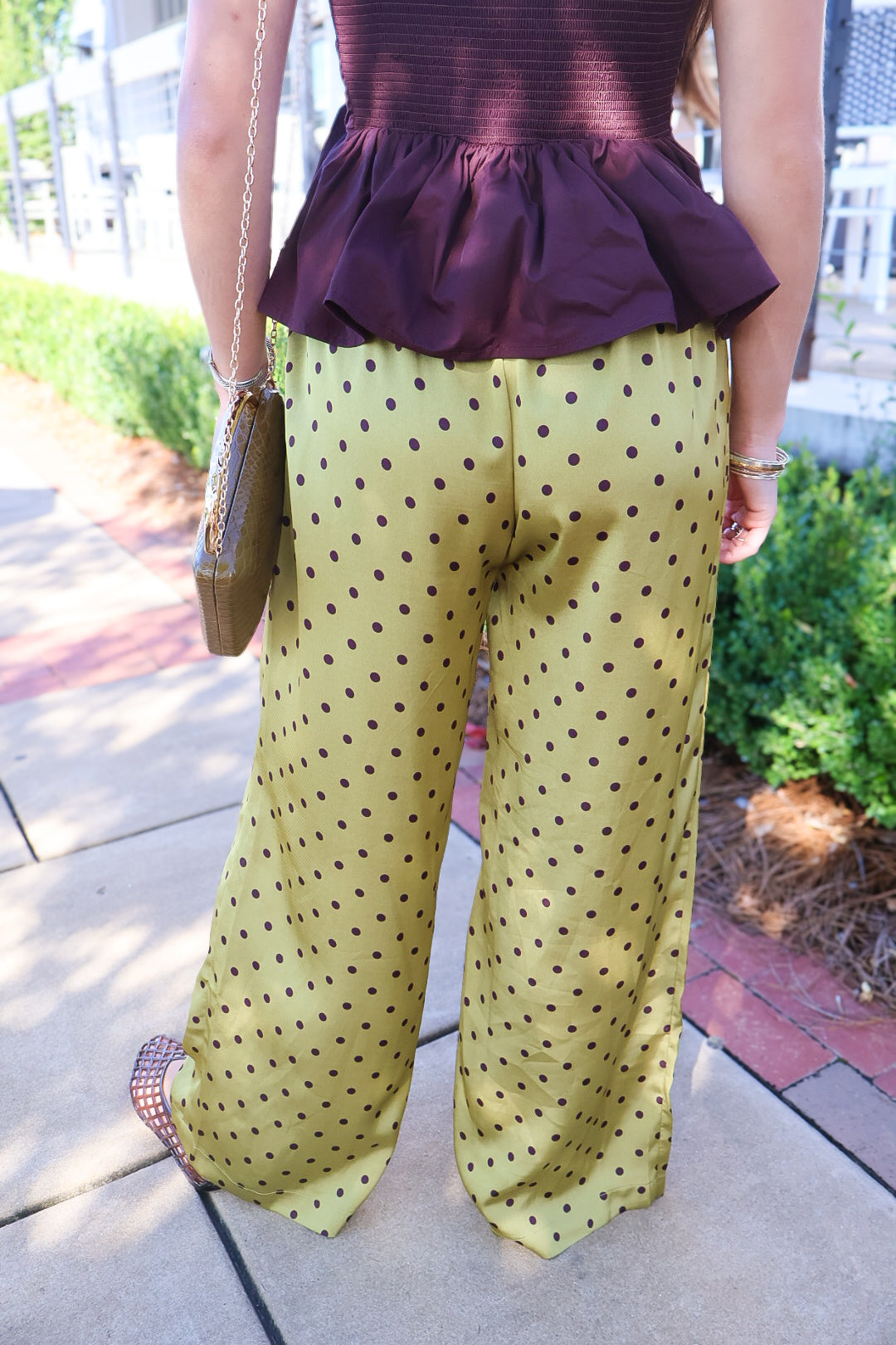 **PRE-ORDER 11/5!** Brown & Green Polka Dot Satin Wide Leg Pants