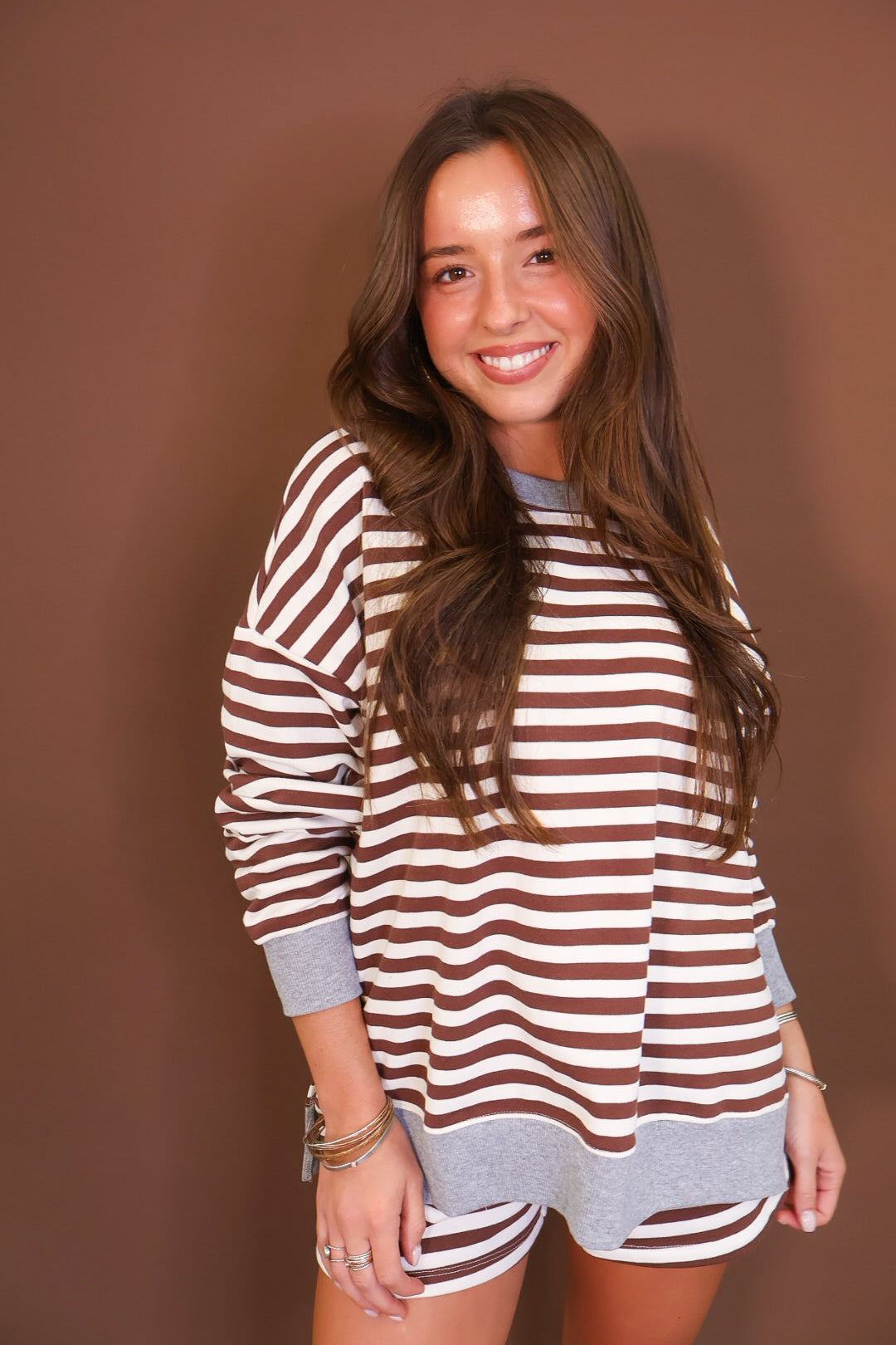Brown & Cream Striped Shorts Set With Gray Trim