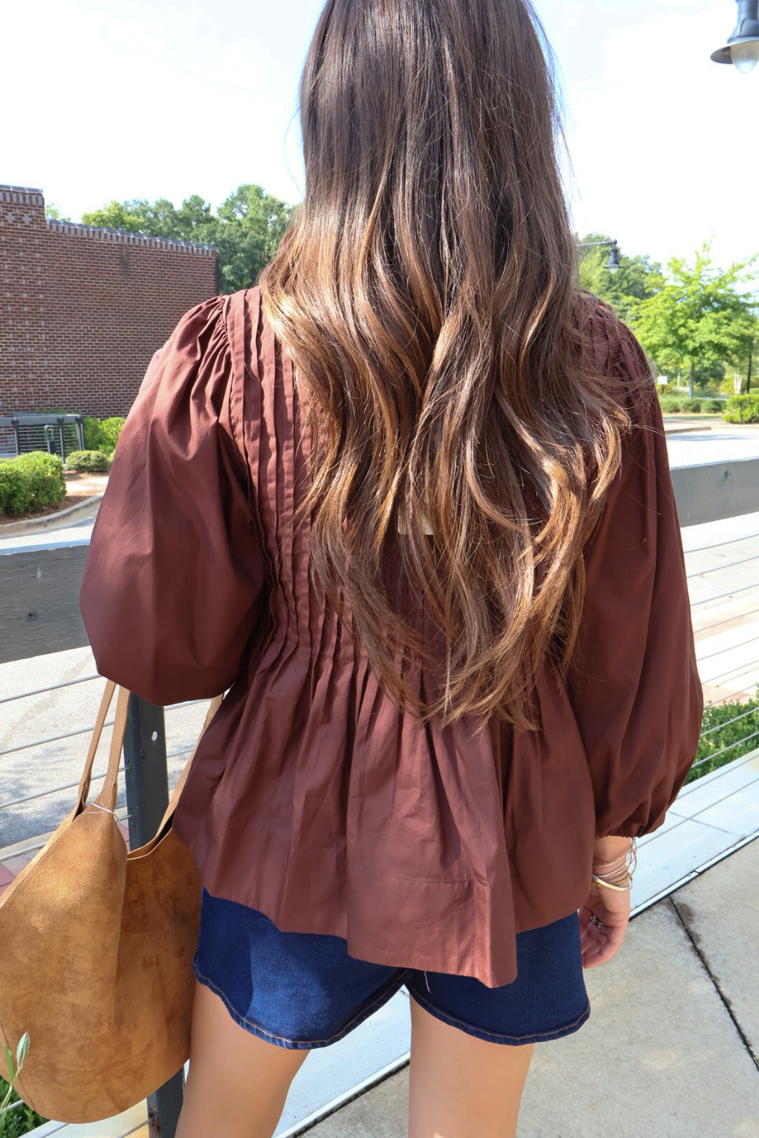 Brown Pleated Puff Sleeve Top