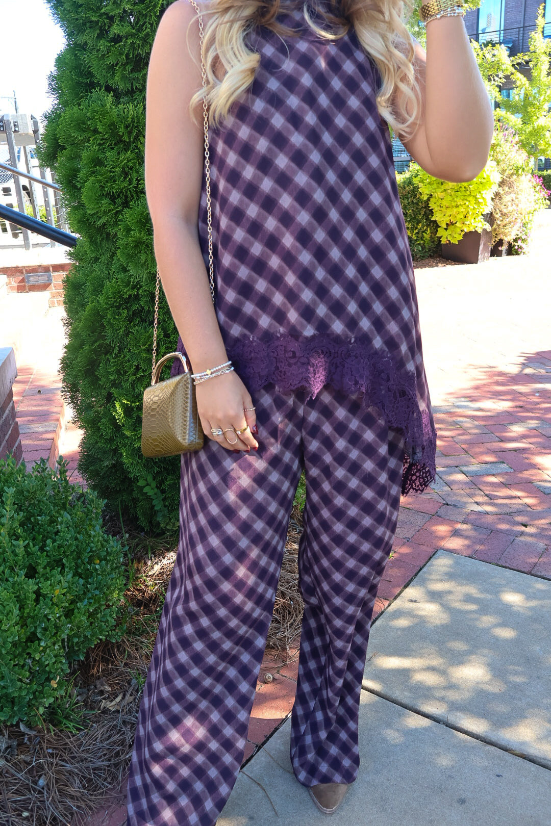 Plum Plaid Asymmetrical Top & Wide Leg Pants Set