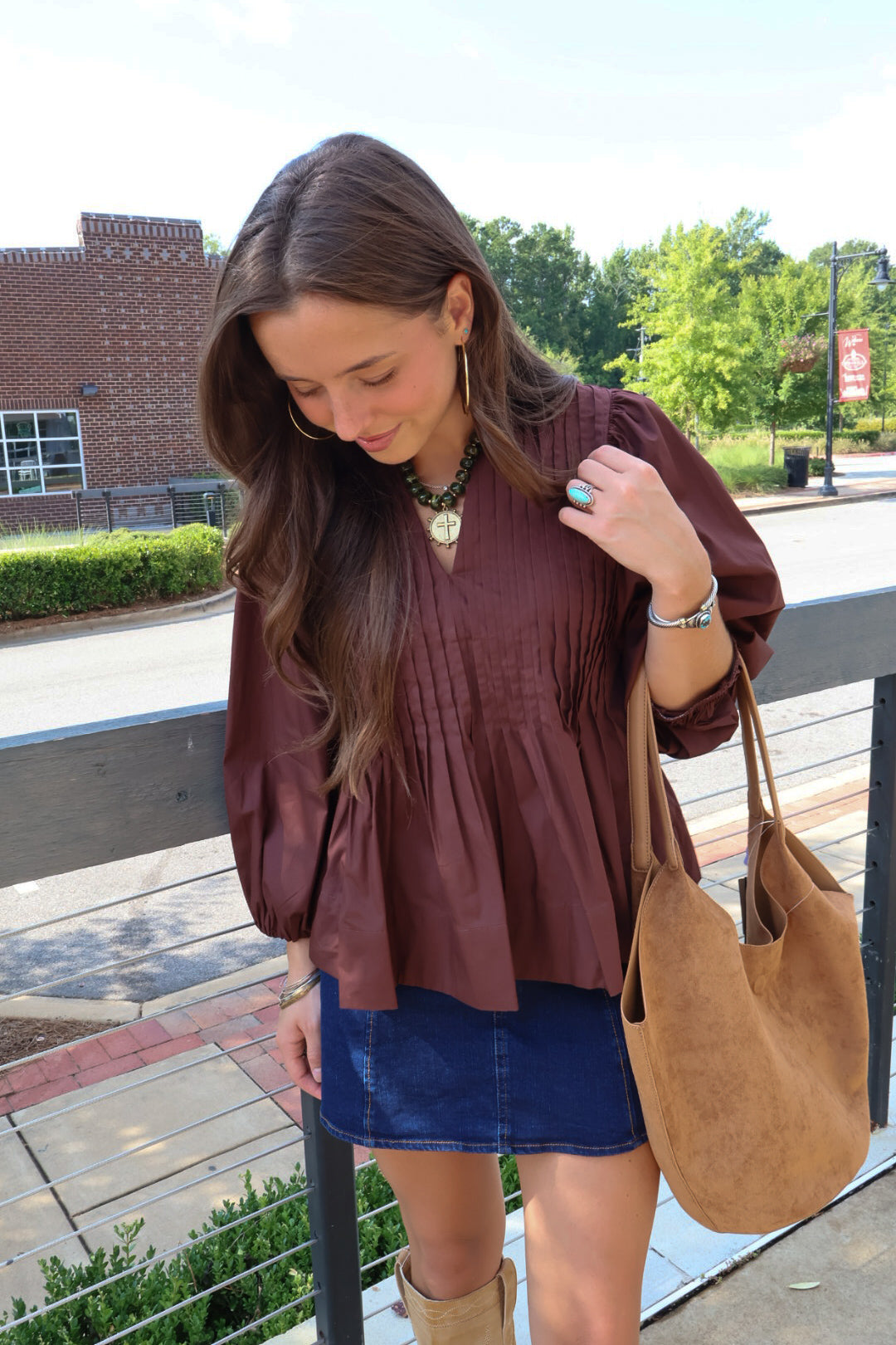 Brown Pleated Puff Sleeve Top