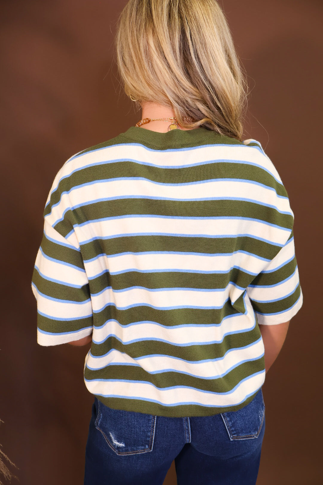 Short Sleeved Lightweight Sweater Top - Green Stripe