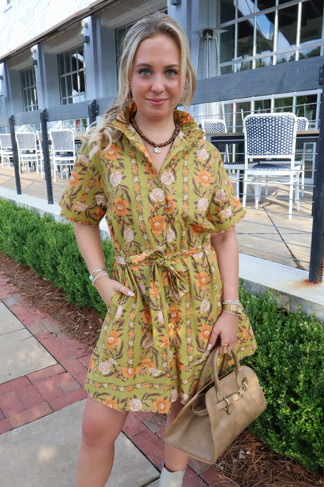 Green & Orange Floral Tie-Front Dress