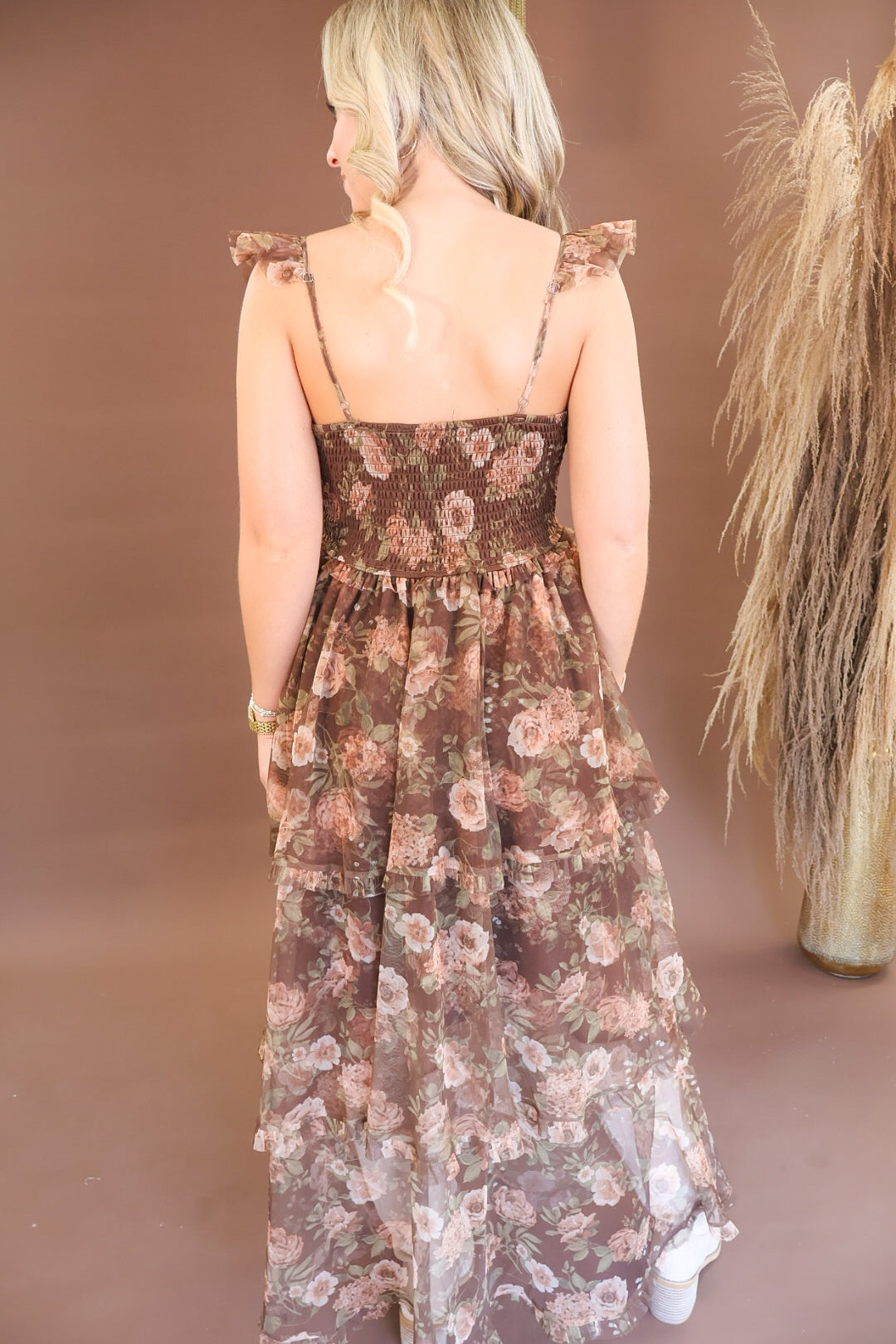 Chocolate Floral Mesh Tiered Ruffle Strap Dress