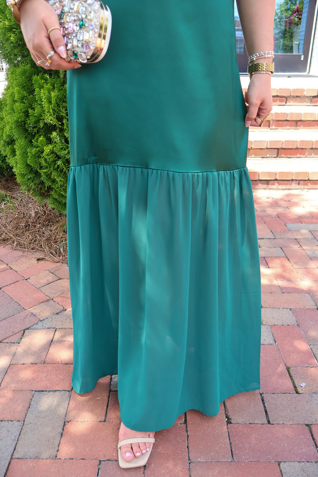 Emerald Green Satin Scarf Slip Maxi Dress