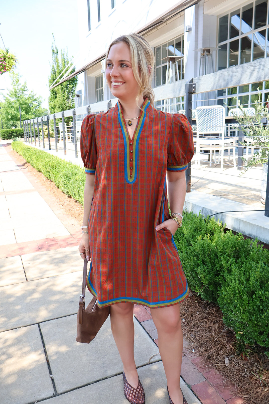 Rust Plaid Puff Sleeve Dress