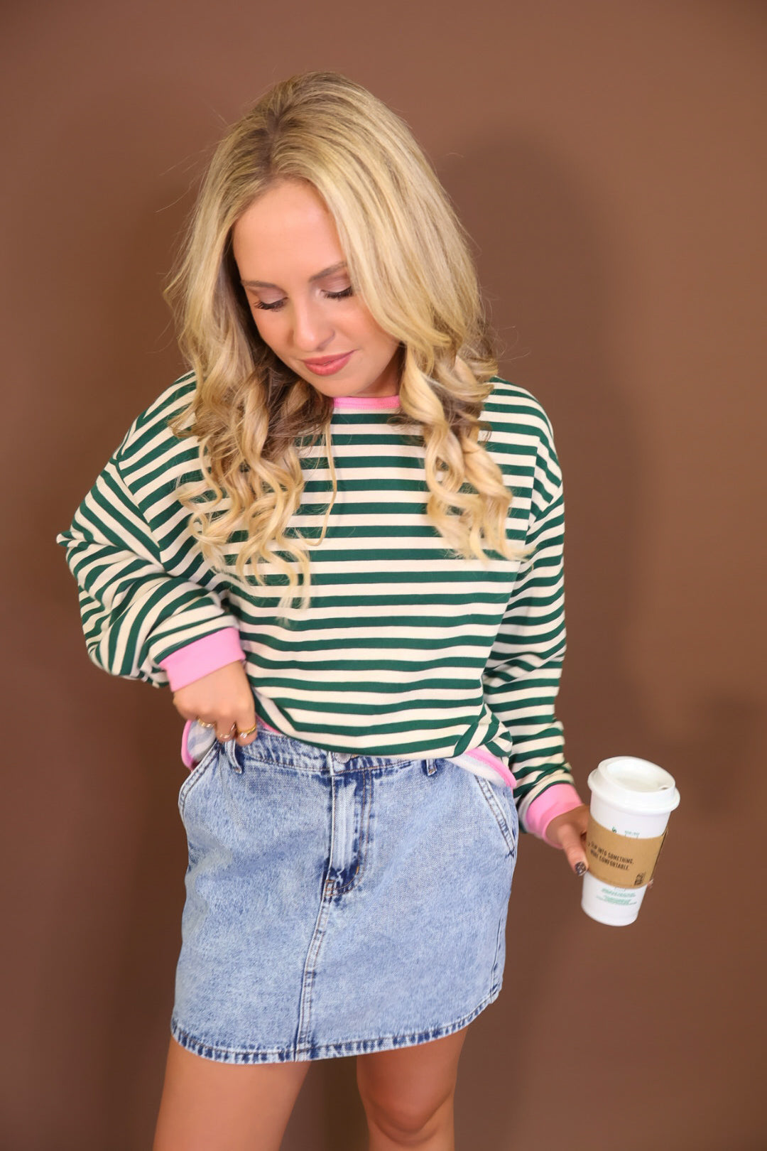 Green & Cream Striped French Terry Sweatshirt