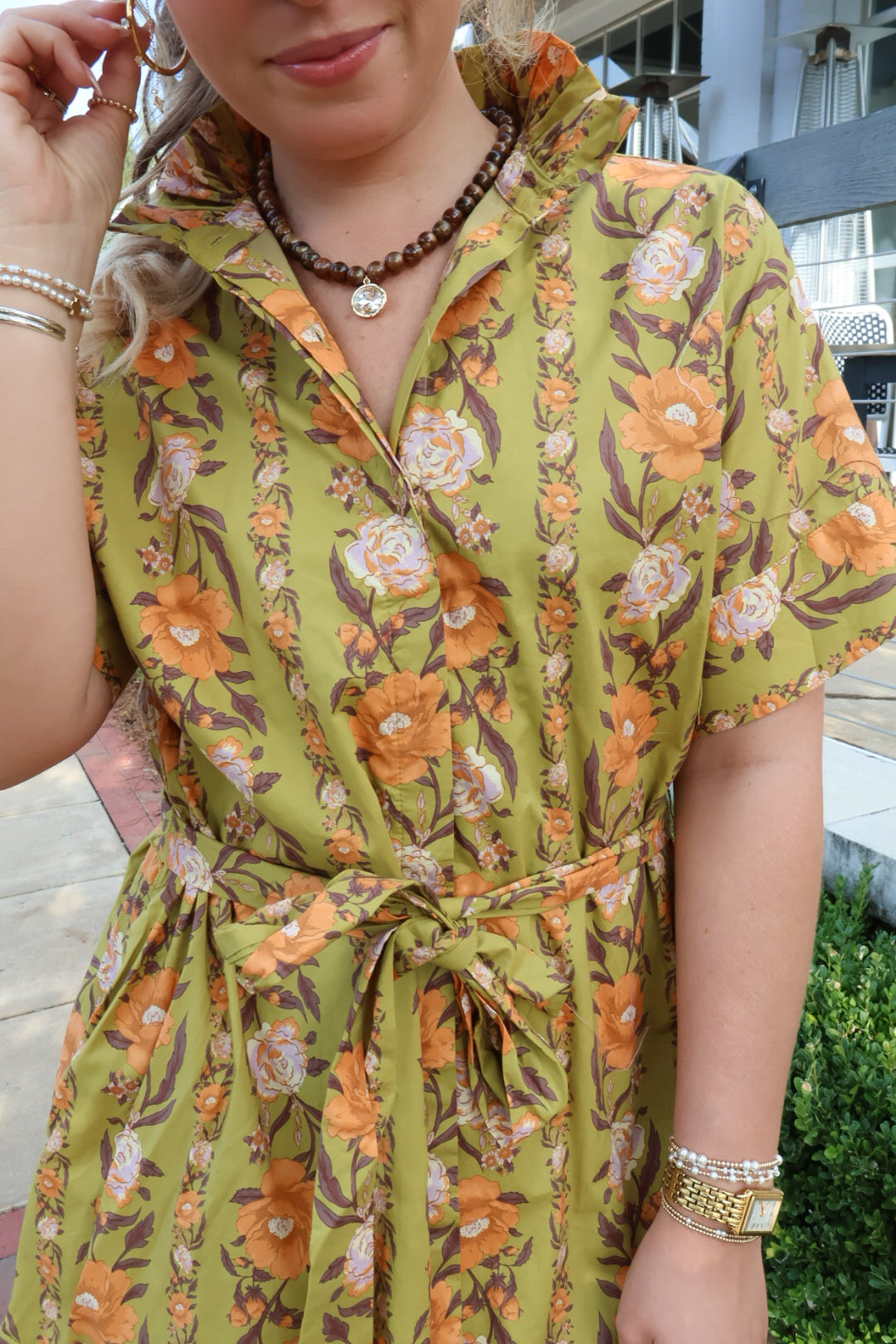 Green & Orange Floral Tie-Front Dress